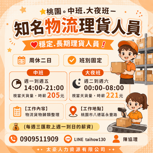 🌸知名物流公司－桃園所－中班.大夜班人員🌸